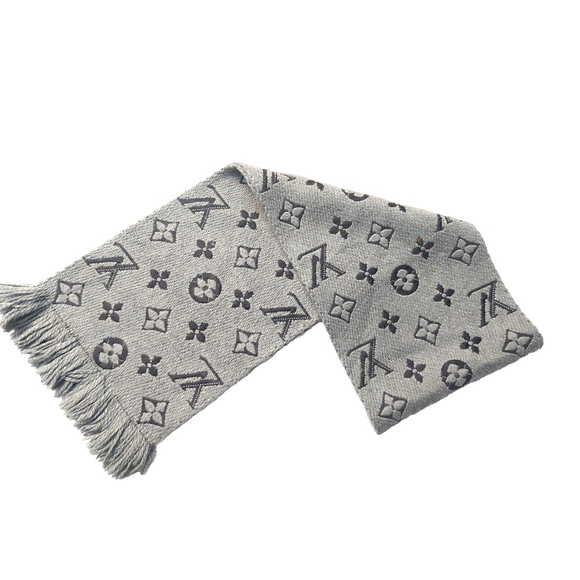 Louis Vuitton LV Monogram Logomania Gray Black Cashmere Silk Scarf Pre-Owned - Picture 1 of 16